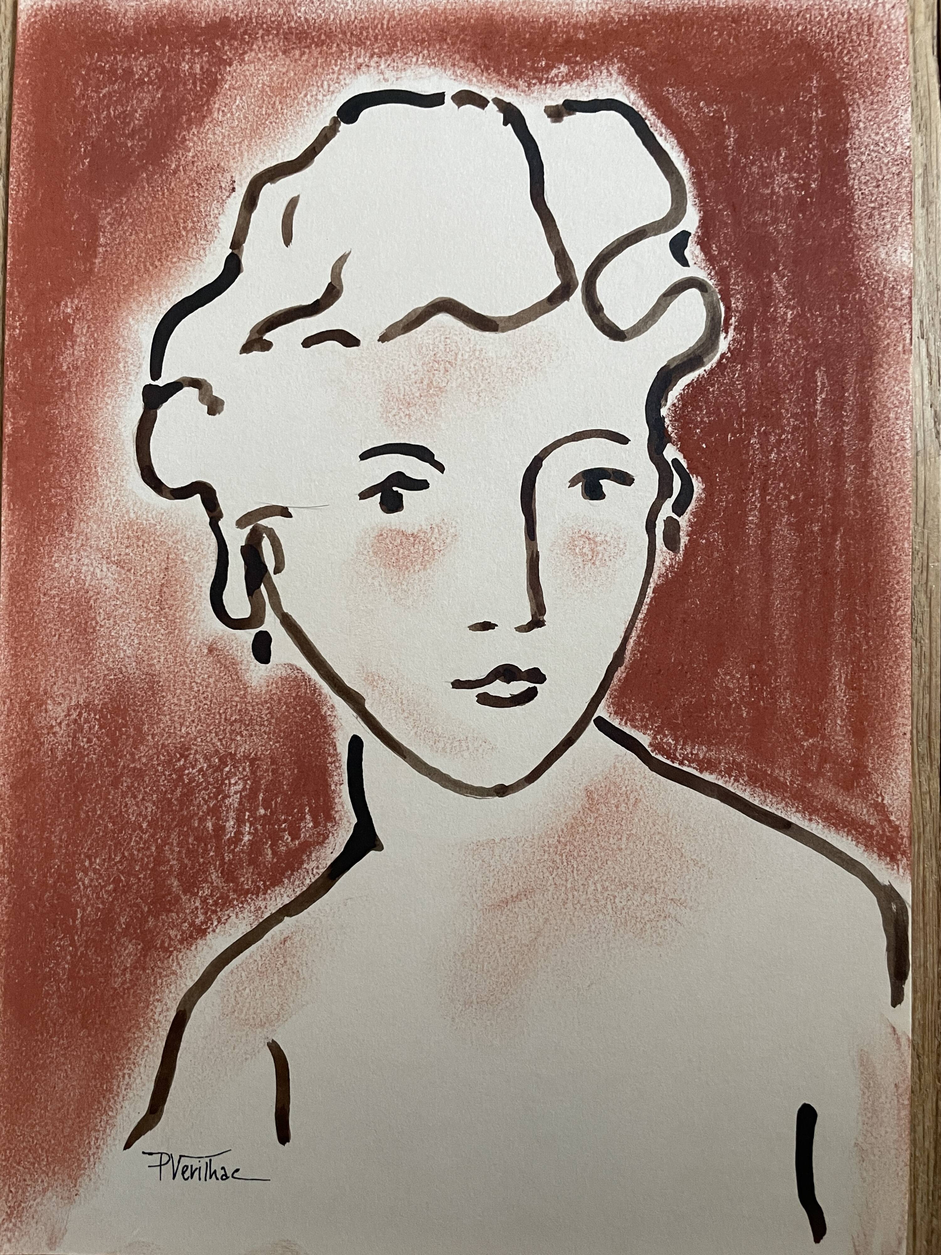 Painting signed Chinese ink and pastel female portrait “study”