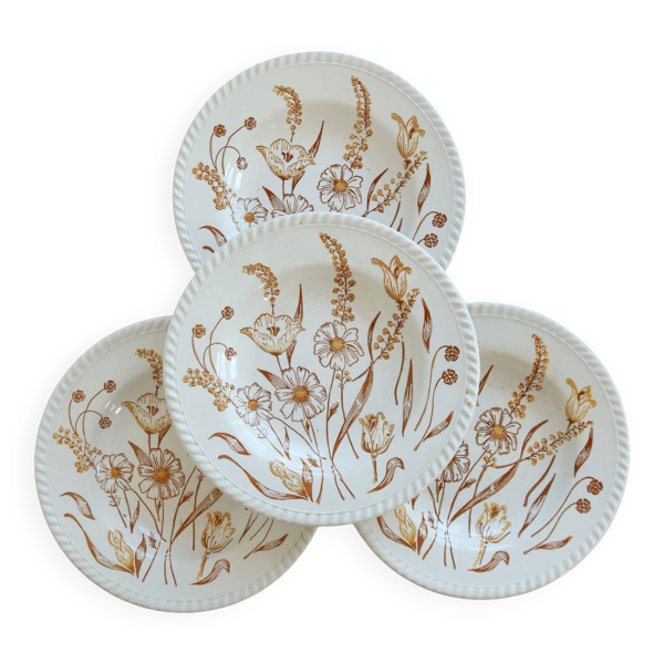 4 assiettes creuses vintage à décor floral marron