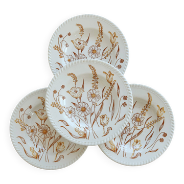 4 vintage deep plates with a brown floral design