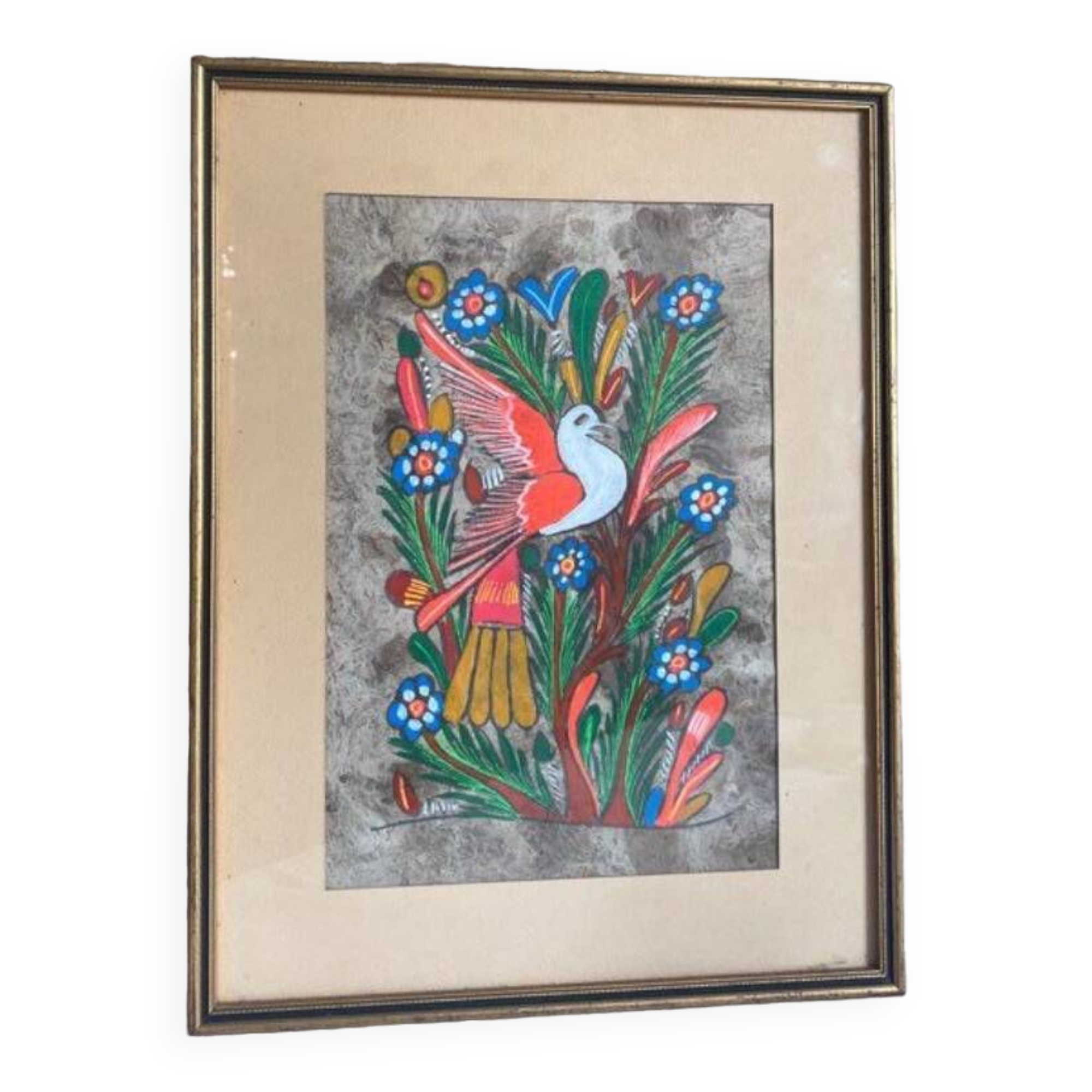 Painting on paper by Amate Bird and flowers