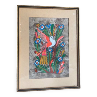 Peinture sur papier d’Amate Oiseau et fleurs