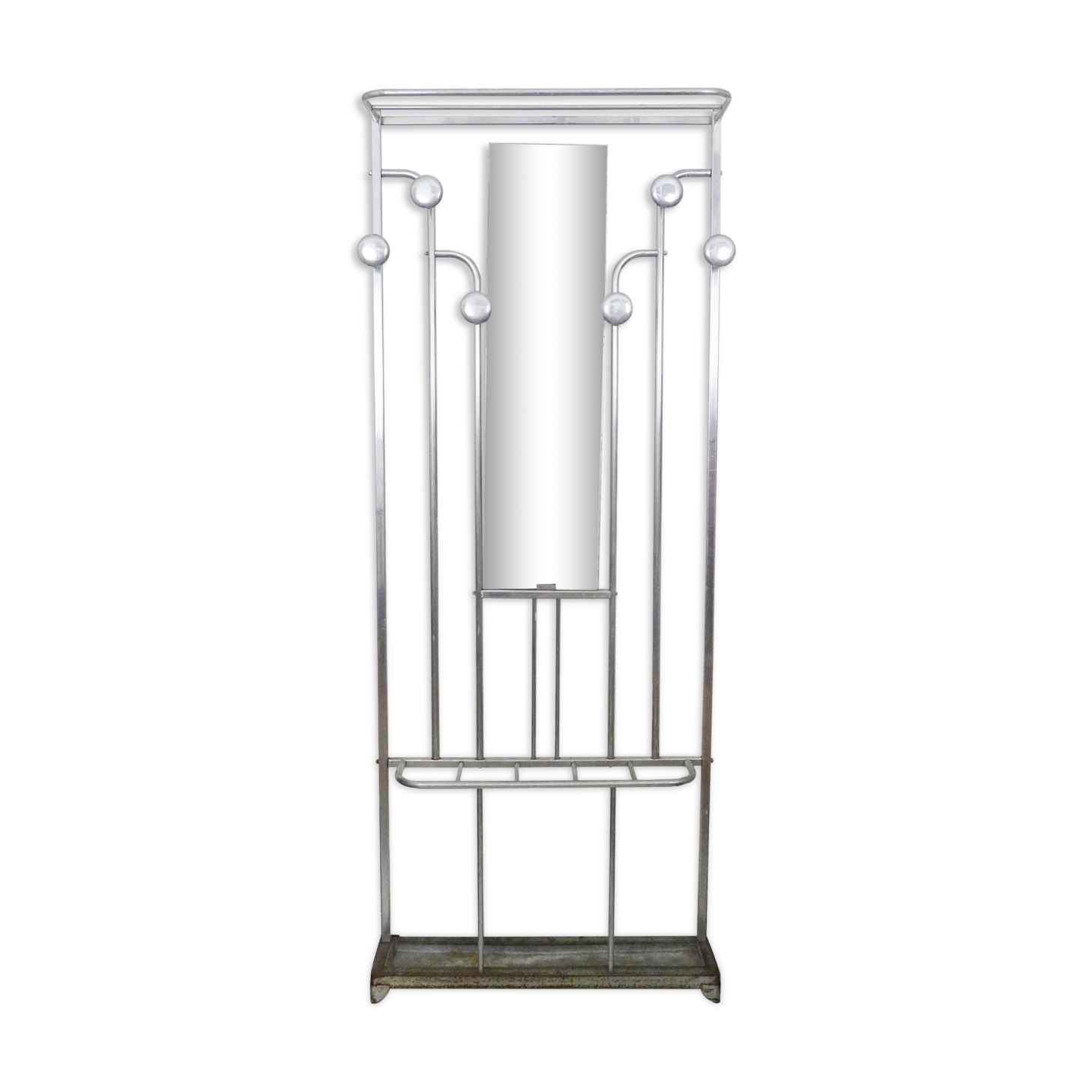 Cloakroom with aluminum coat with mirror, 6 hooks, hat holder. Year 50