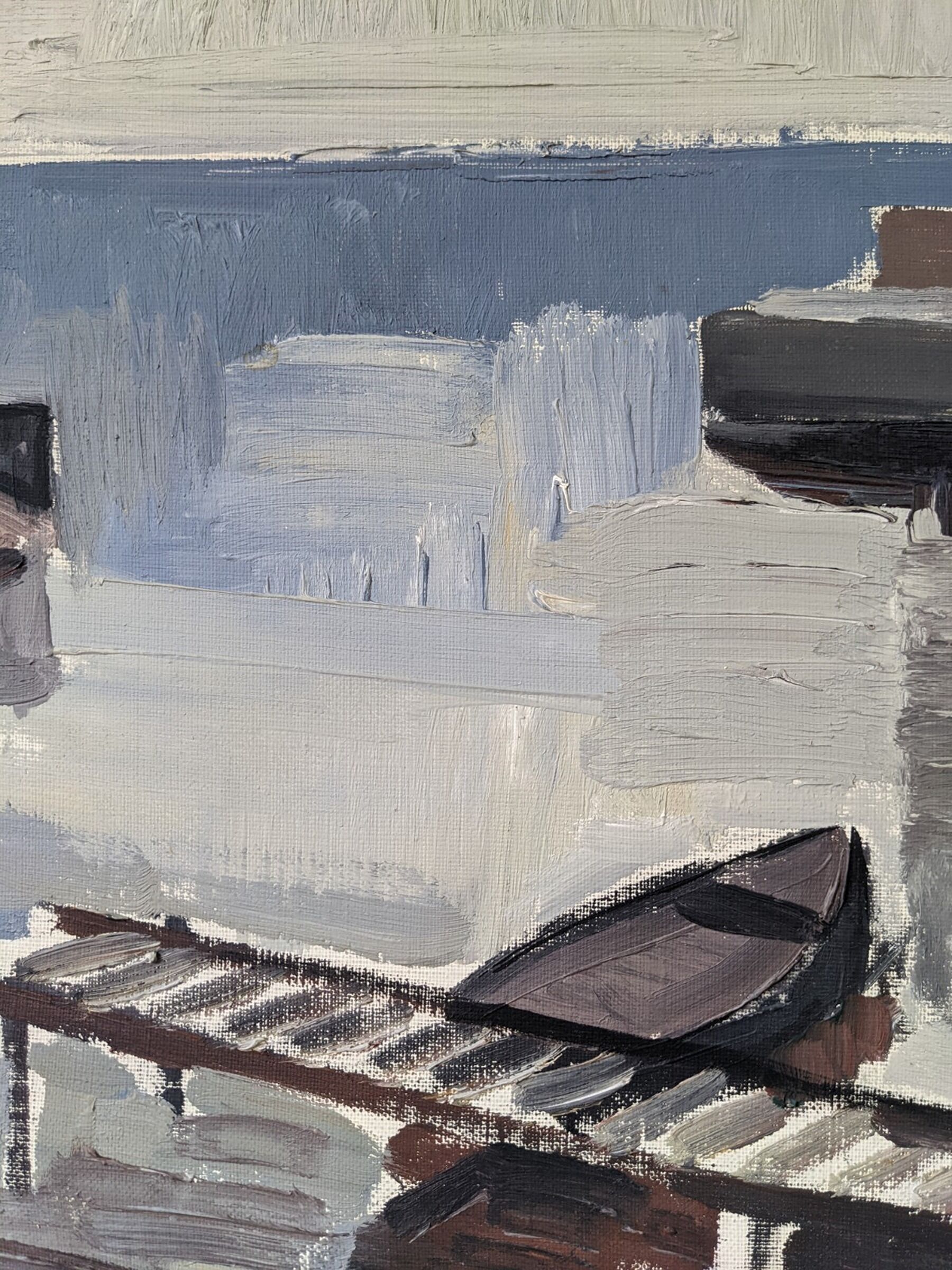 Mid-Century Modern Swedish "Boats at the Jetty" Vintage Coastal Landscape Oil Painting, Framed