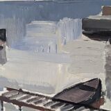 Mid-Century Modern Swedish "Boats at the Jetty" Vintage Coastal Landscape Oil Painting, Framed