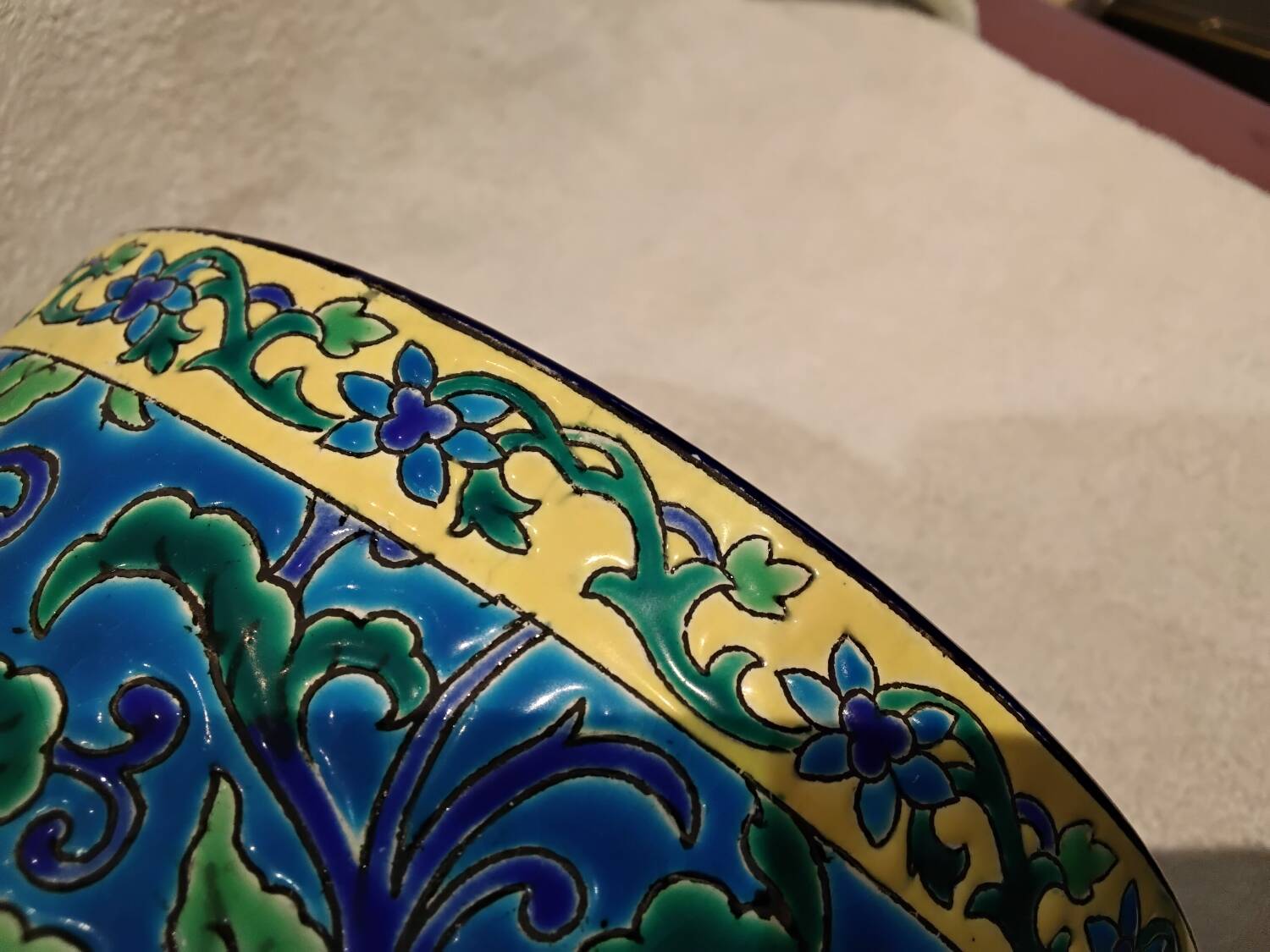 Beautiful large Longwy enamel cachepot with a cabin and chrysanthemum cartouche