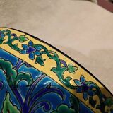 Beautiful large Longwy enamel cachepot with a cabin and chrysanthemum cartouche