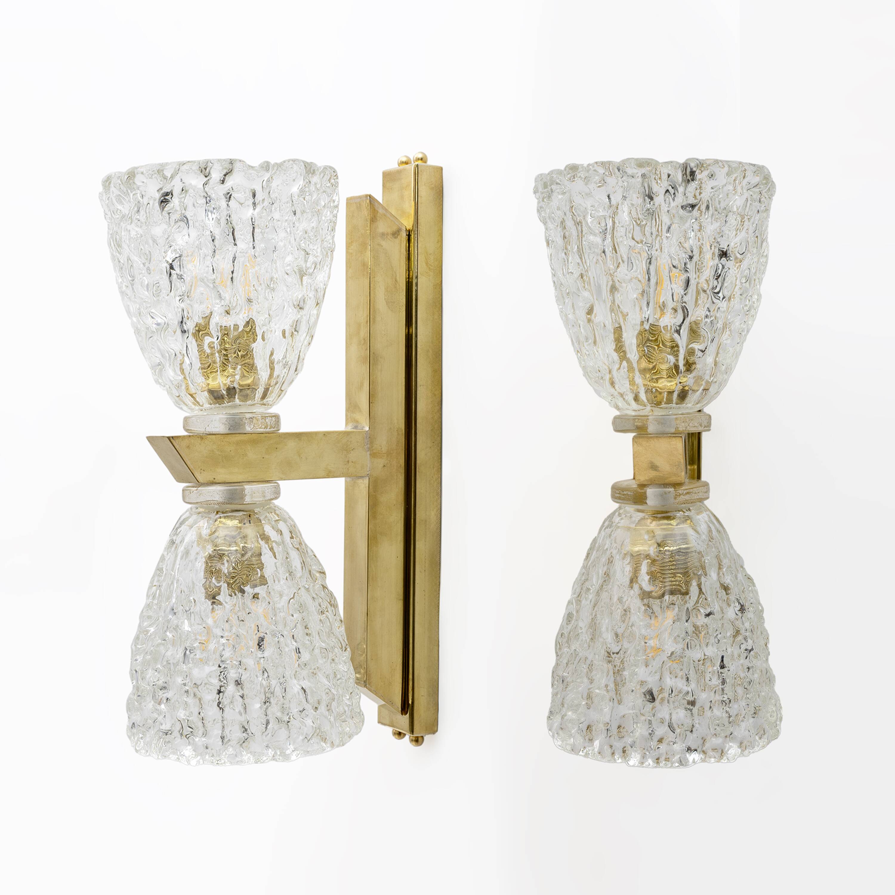Pair of Art Decò Style Murano Glass and Brass Sconces