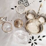 Serviteur salière , poivrier et moutardier en verre ciselé et métal argent