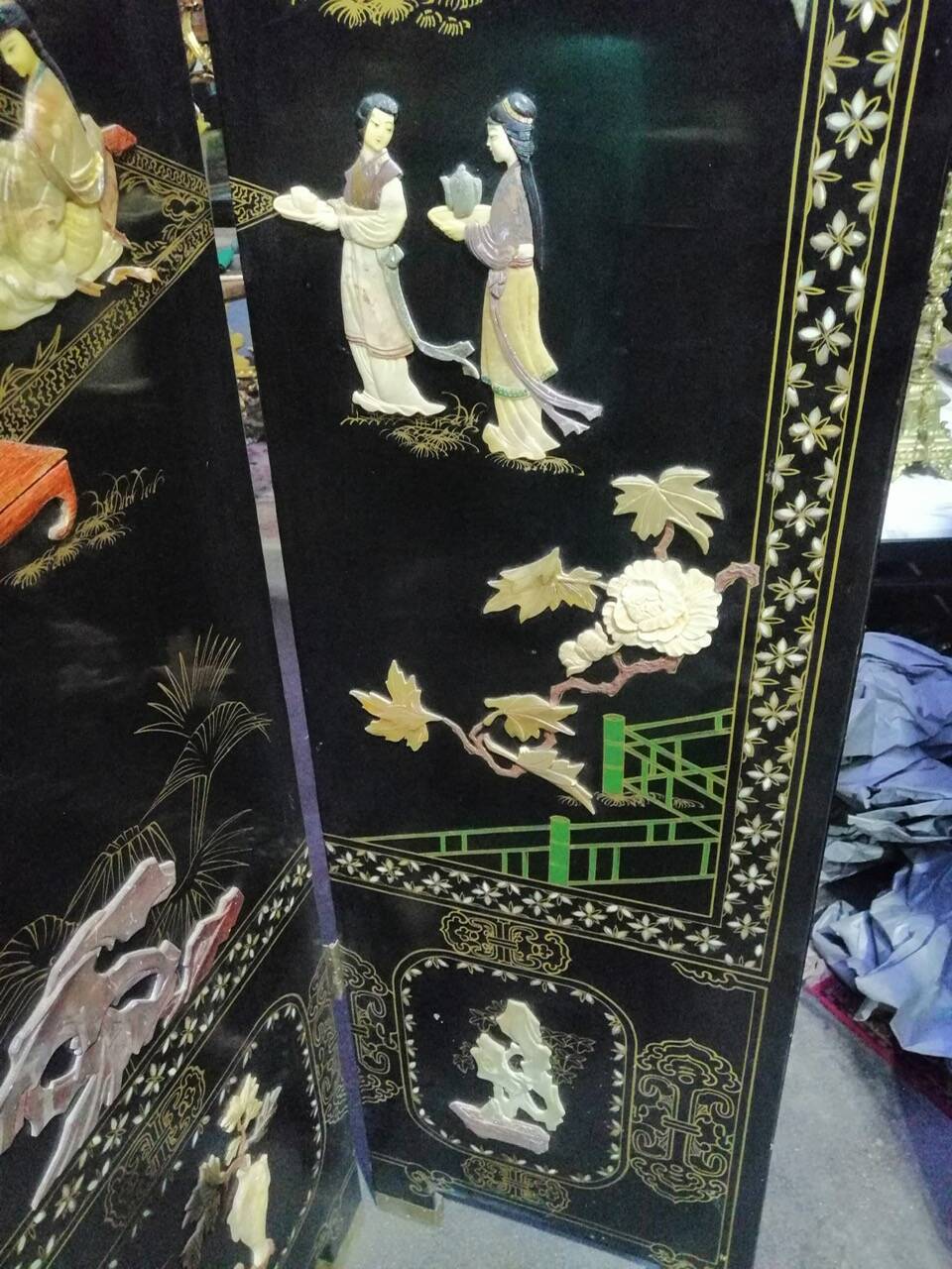 Antique Chinese bedroom screen, inlay of soapstone, jade, ivory, mother-of-pearl
