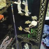 Antique Chinese bedroom screen, inlay of soapstone, jade, ivory, mother-of-pearl