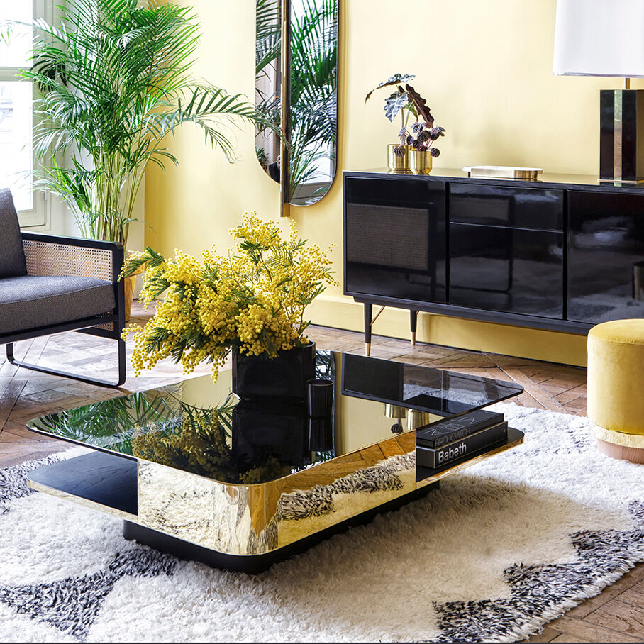 Coffee table lounge smoked glass brass wide