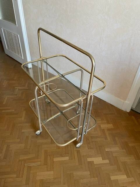 Brass and glass trolley from the 70s, foldable, perfect condition