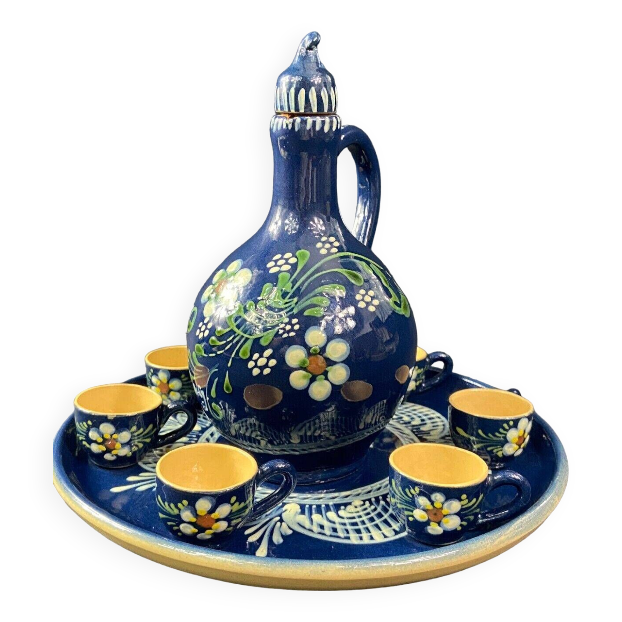 Alsace terracotta liqueur service carafe tray 6 glasses