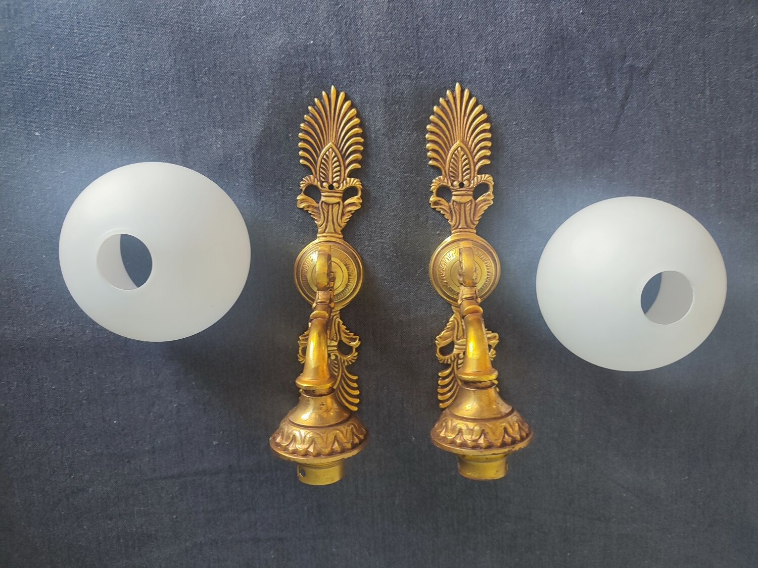 Pair of vintage brass and opaline wall lights