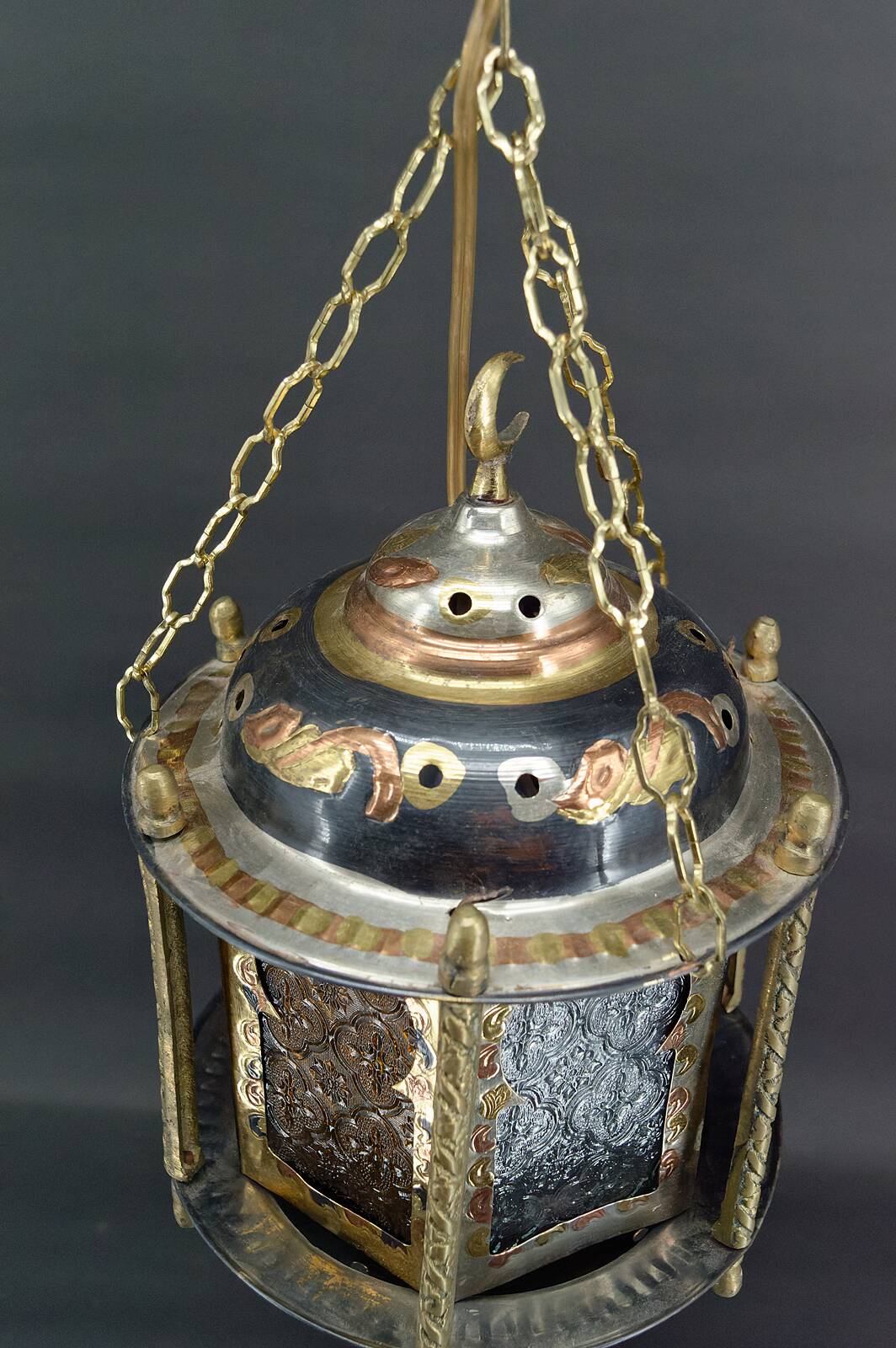 Moorish lantern in brass and colored glass, North Africa, 20th century