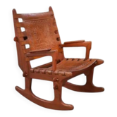 Armchair by Angel Pazmino in wood and red leather 1960's