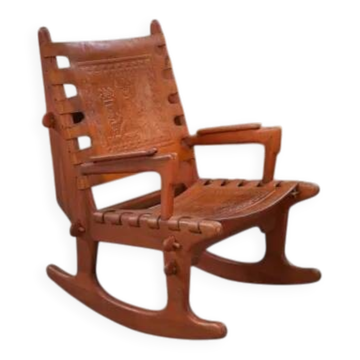 Armchair by Angel Pazmino in wood and red leather 1960's