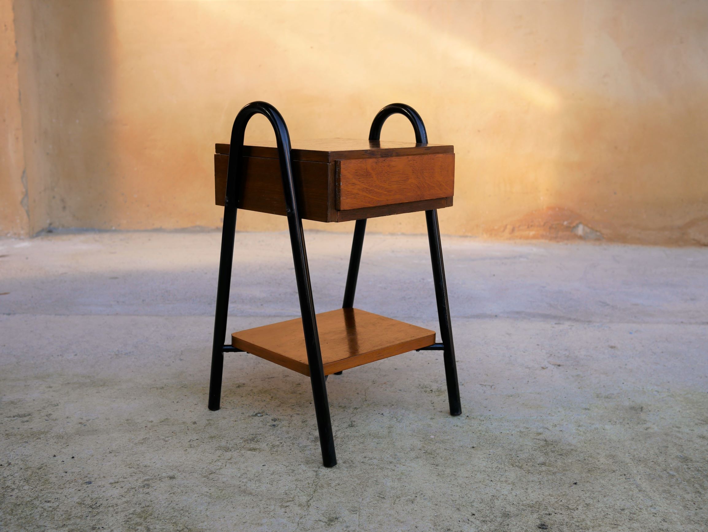 Vintage wooden and metal bedside table