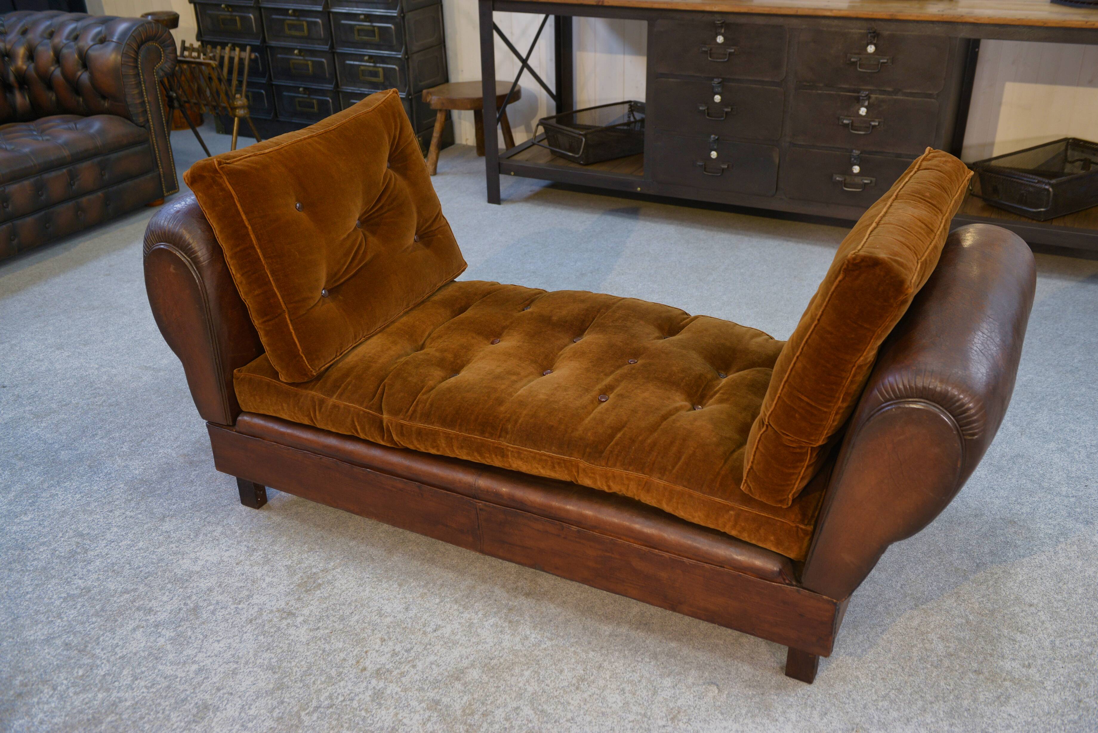 1920s convertible leather club bench with velvet seats