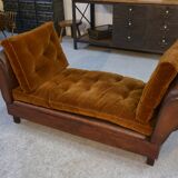 1920s convertible leather club bench with velvet seats