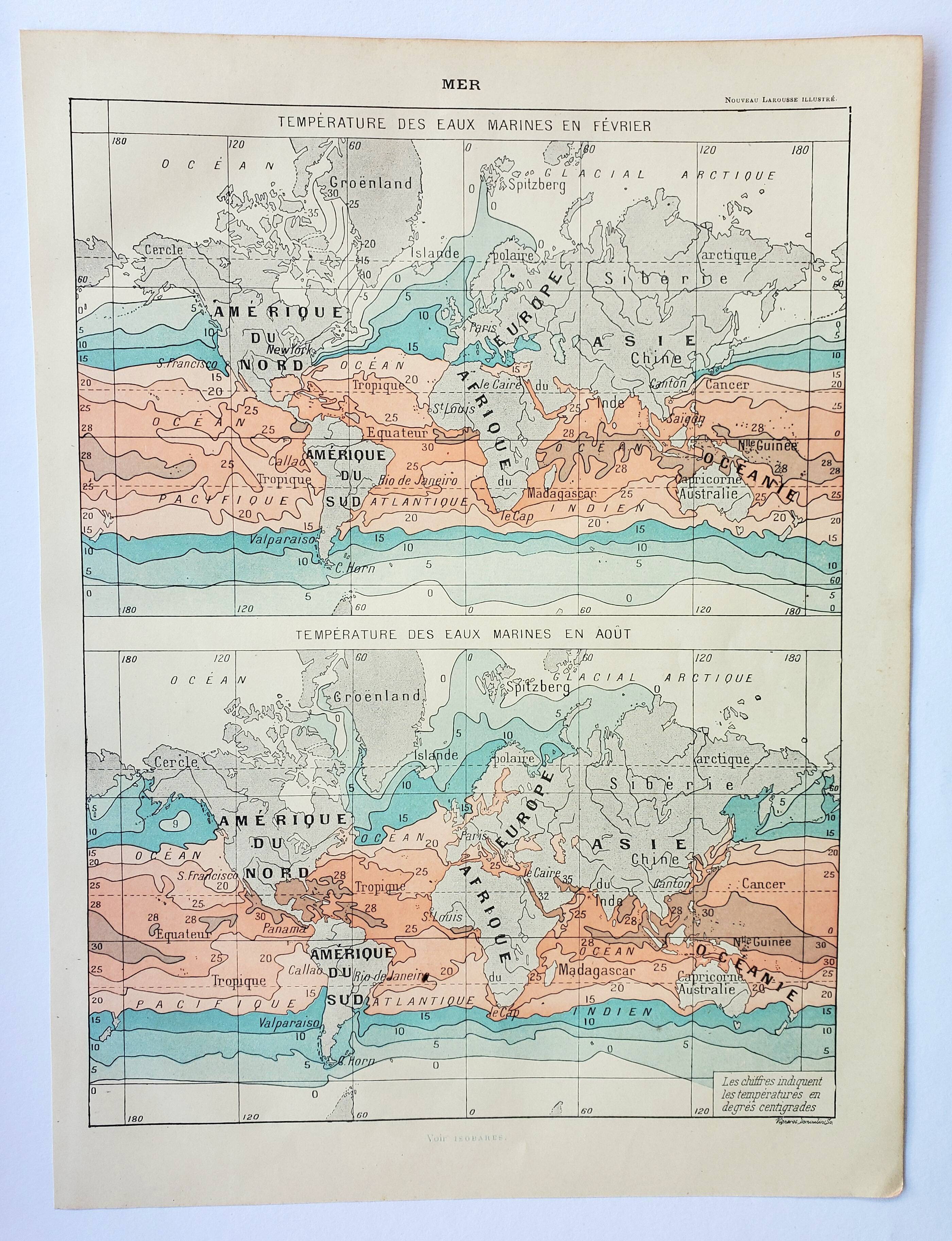 Old engraving 1898, Water temperatures, map • Lithograph, Original plate