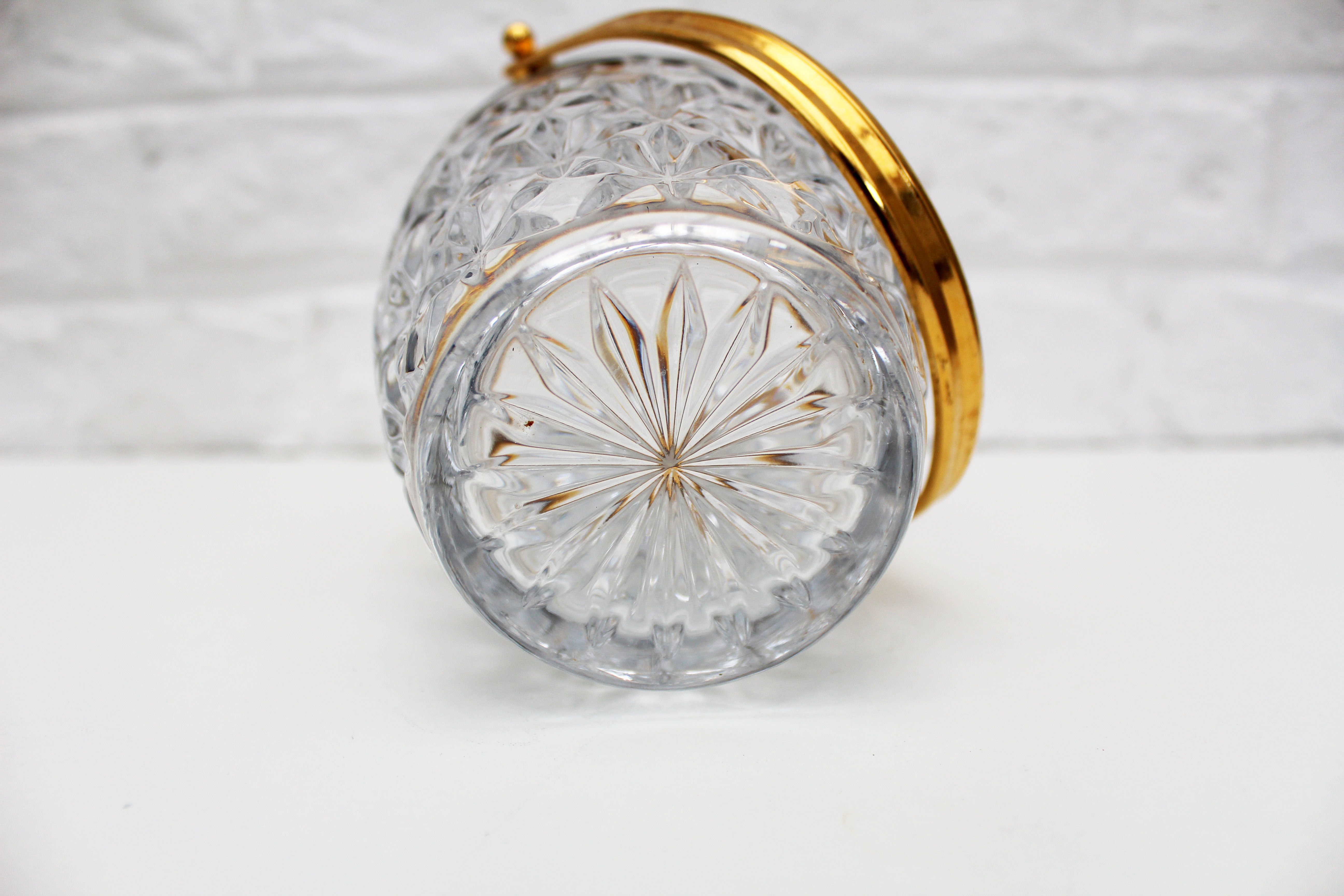 Vintage Glass Ice Bucket, ice cube bowl, gold metal rim