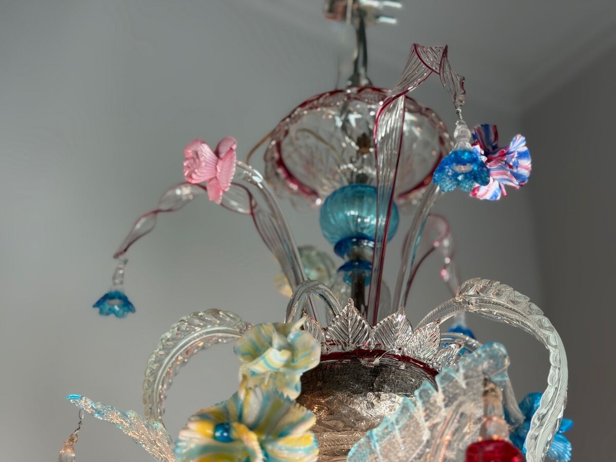Venetian Rezzonico chandelier in multicoloured Murano glass circa 1900