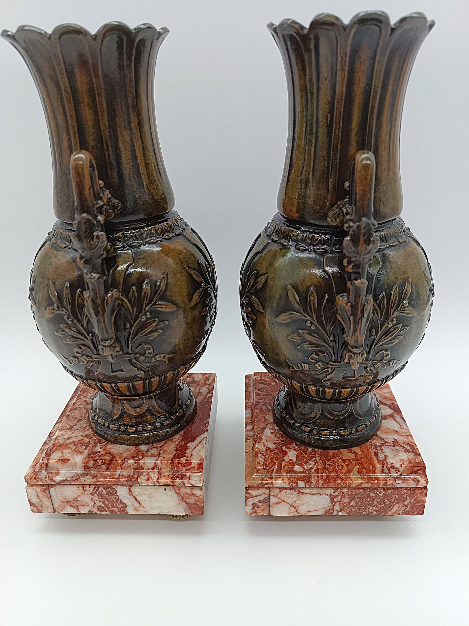 Pair of Antique Cassolettes Vases Louis XVI Style Regule & Red Marble 19