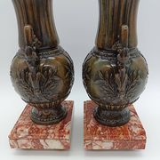 Pair of Antique Cassolettes Vases Louis XVI Style Regule & Red Marble 19