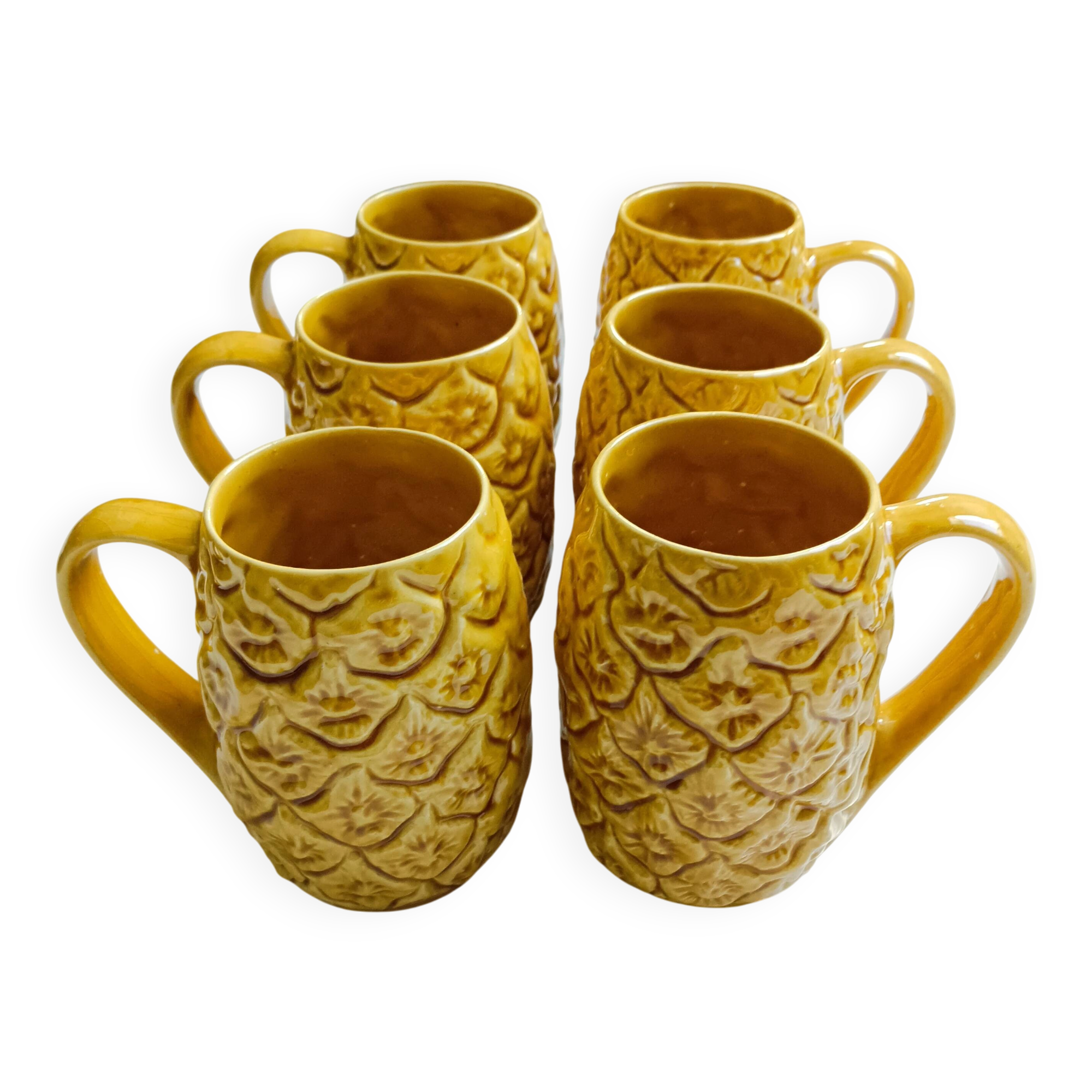 Handmade yellow pineapple mugs signed Kerangol made in Portugal.
