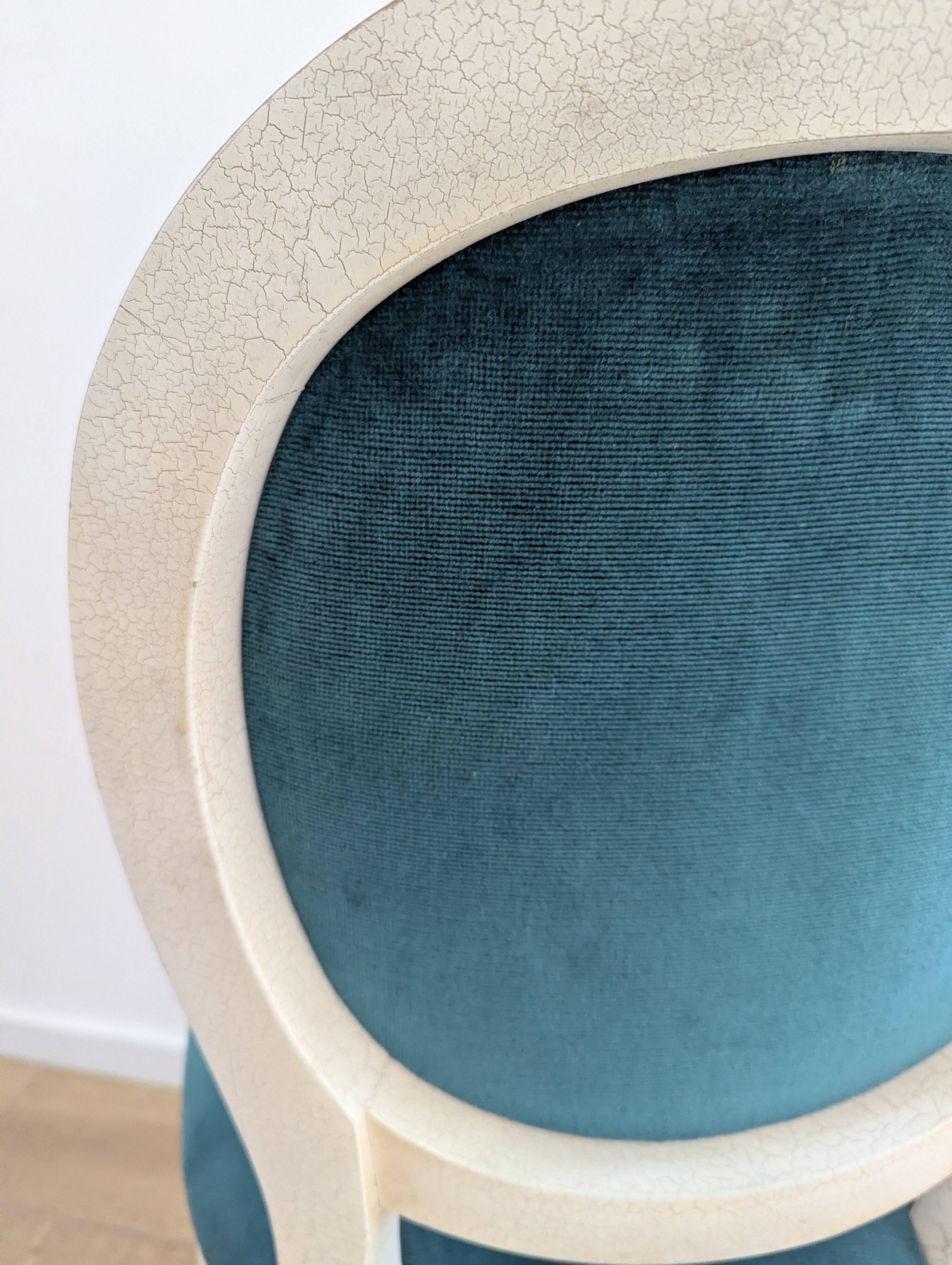 Vintage Louis XVI style chair in petrol blue velvet and patinated wood