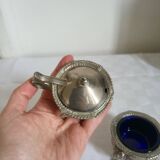 Ancien Saleron et Moutardier en Métal Argenté et Verre Bleu