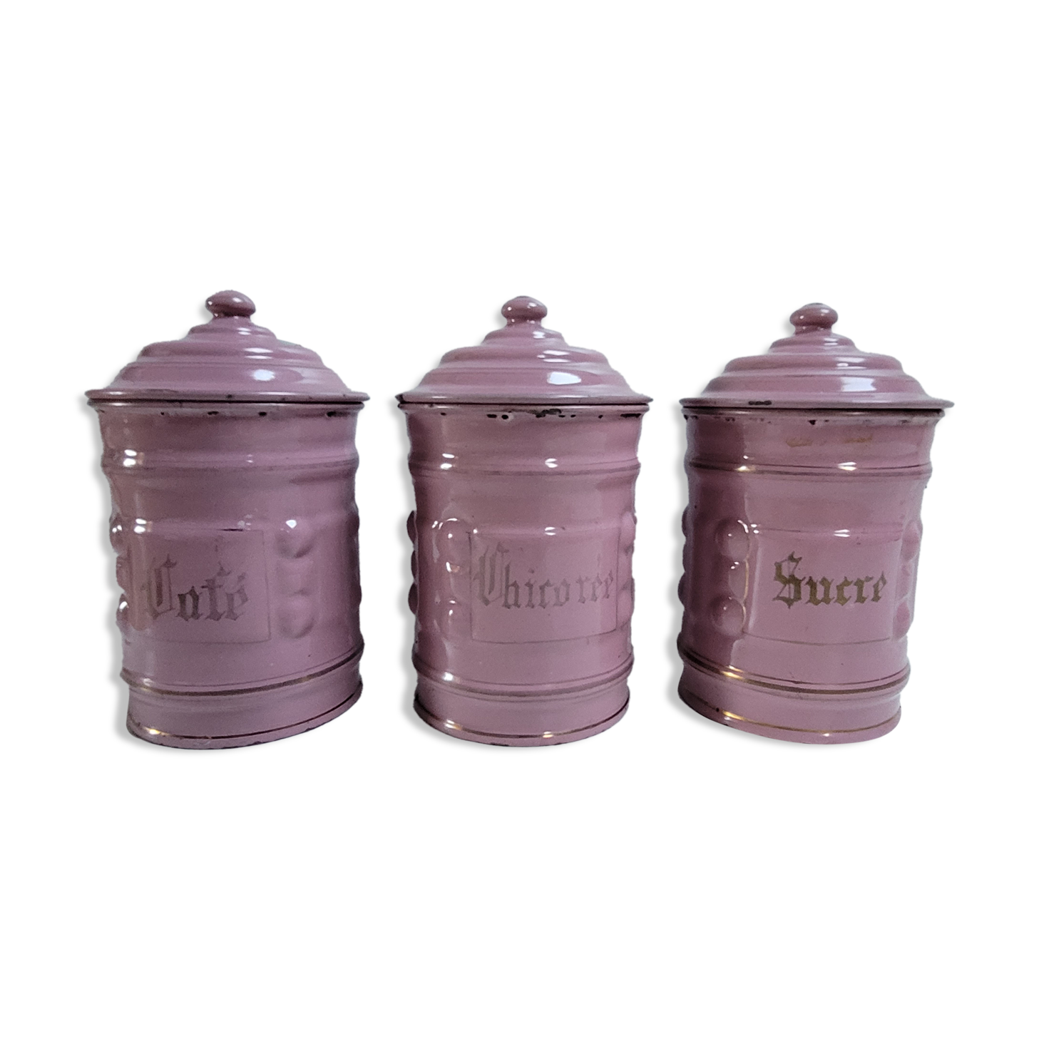Trio pink enamelled pots