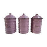 Trio pink enamelled pots