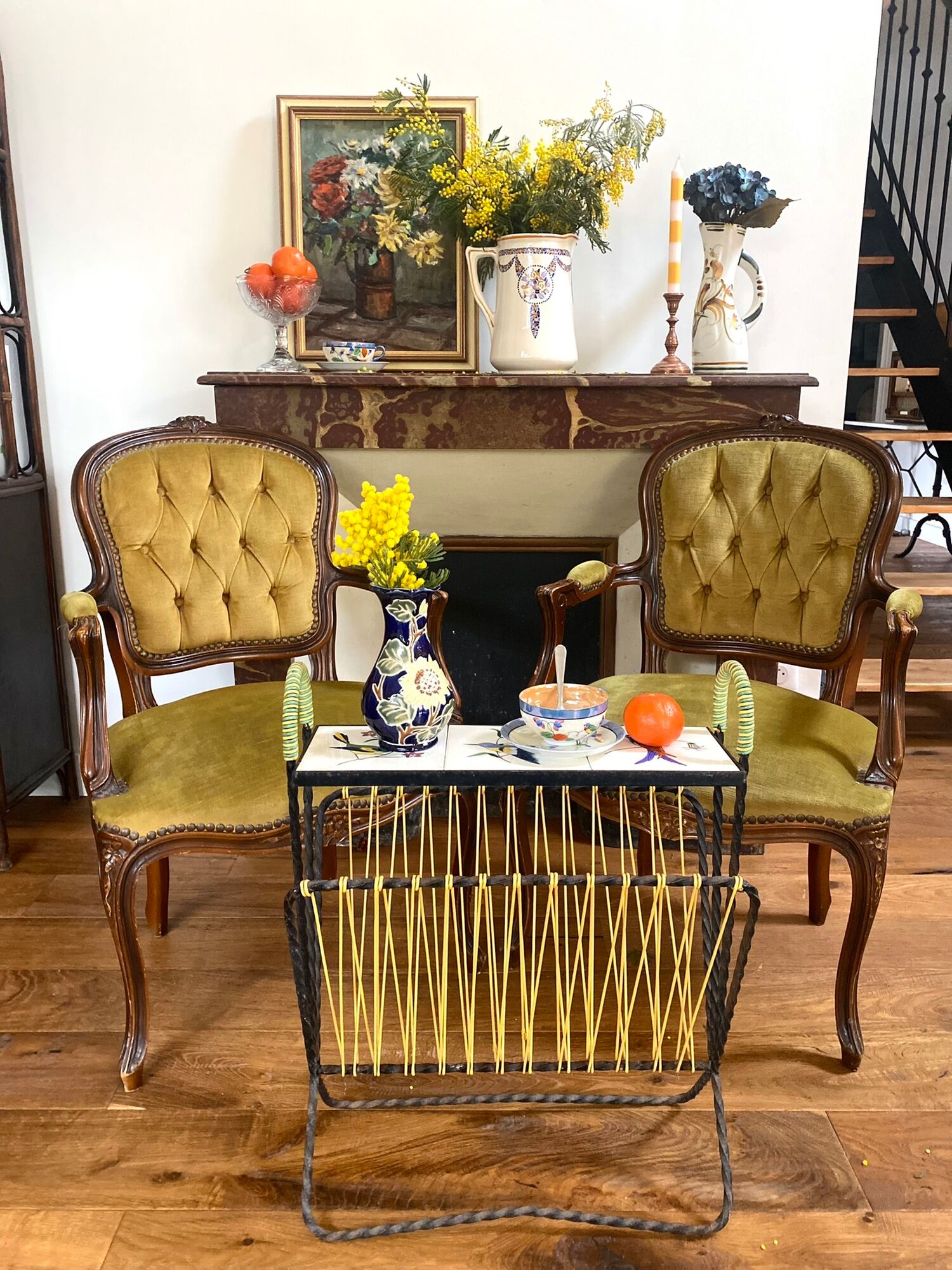Cabriolets or Bergère armchairs Louis XV style in light green upholstered velvet