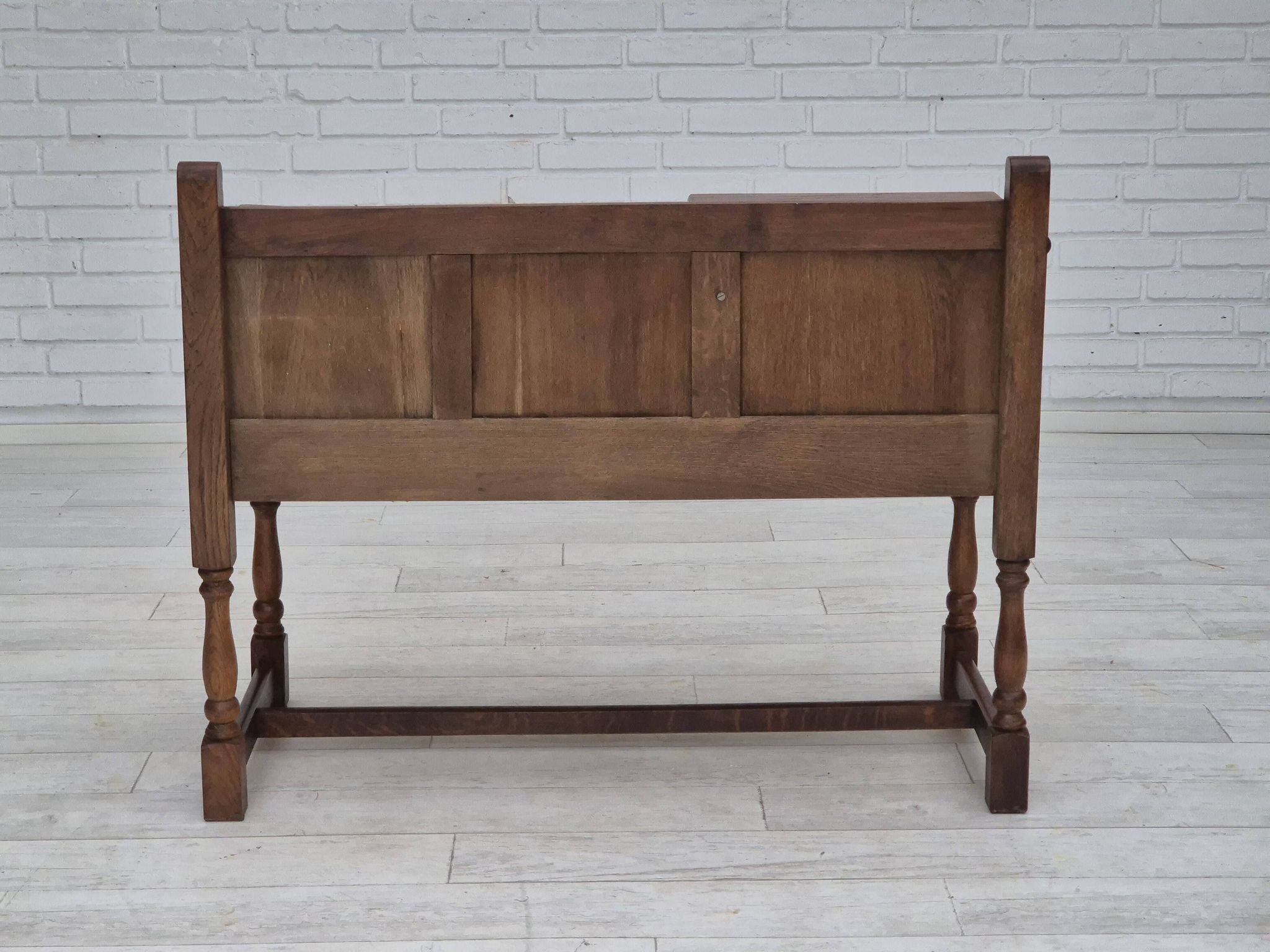 1960s, Danish bench, dark solid oak wood, plywood.