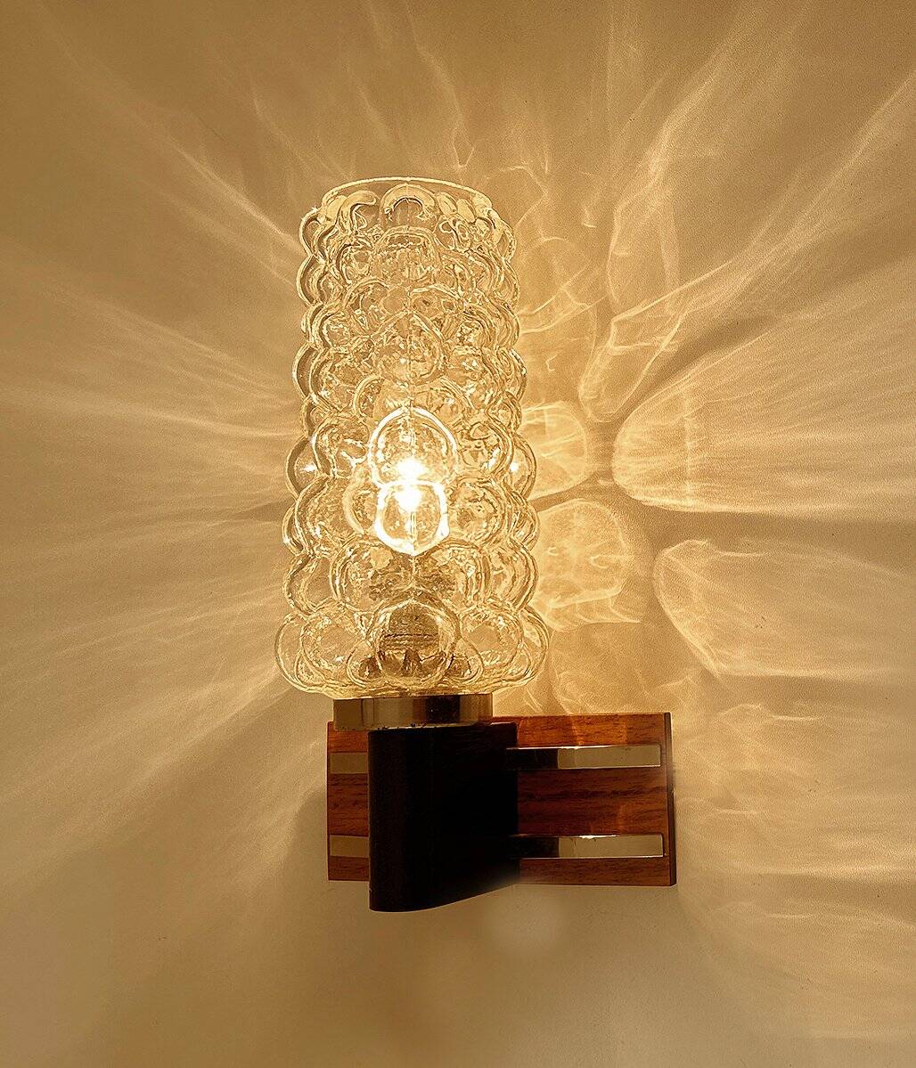 Pair Vintage Danish Bubble Blass Wood sconces