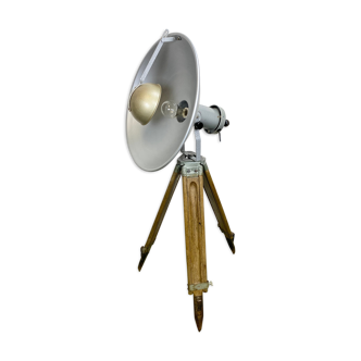 Grey industrial lamp on wooden tripod , 1960s