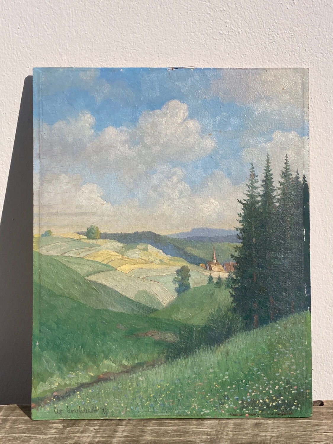 Old oil painting on wood panel / painting of a landscape