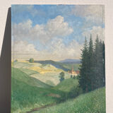 Old oil painting on wood panel / painting of a landscape