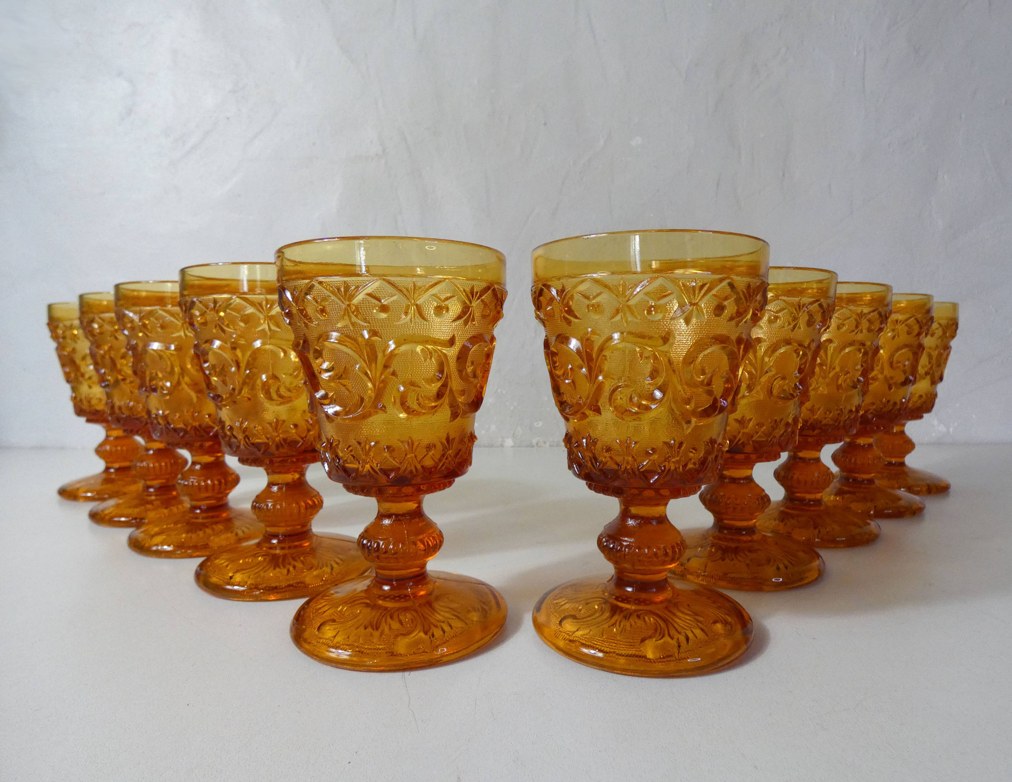 10 vintage pressed molded amber water glasses