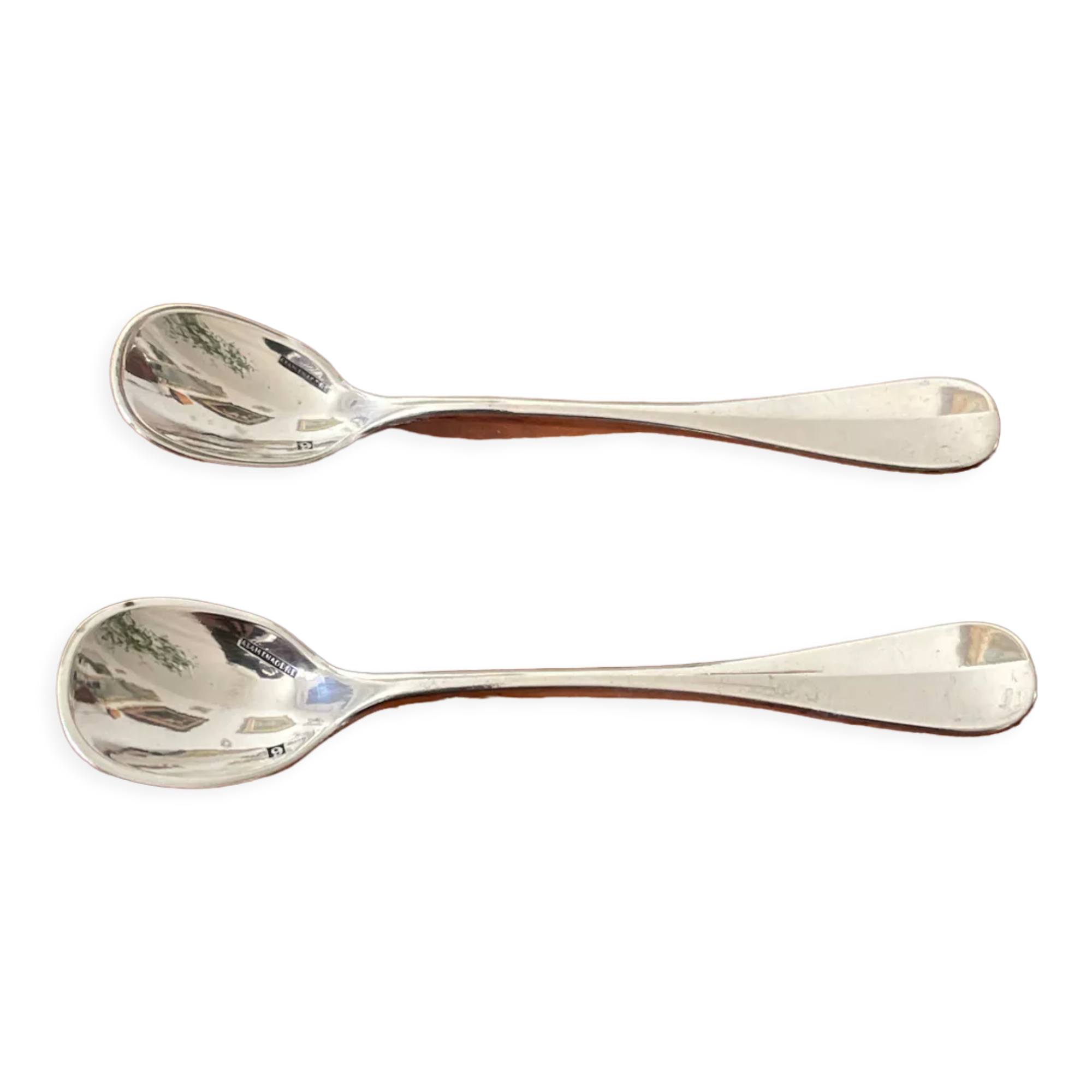 Duo of small salt spoons silver metal.