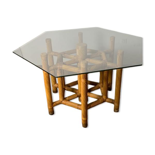 Table de salle à manger en rotin et verre, années 80