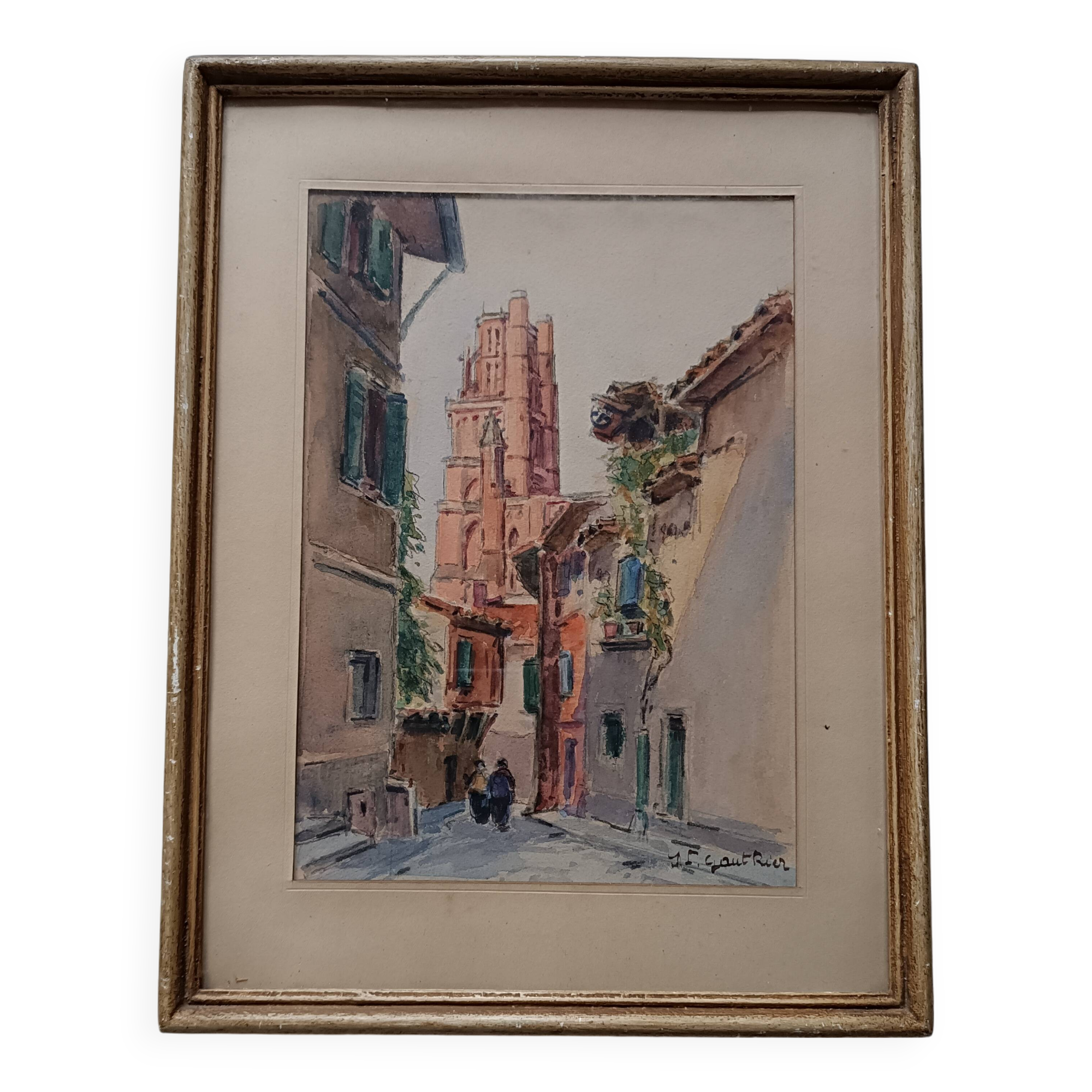 Signed watercolor painting View of Albi Cathedral