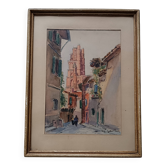 Signed watercolor painting View of Albi Cathedral