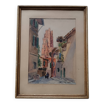 Signed watercolor painting View of Albi Cathedral