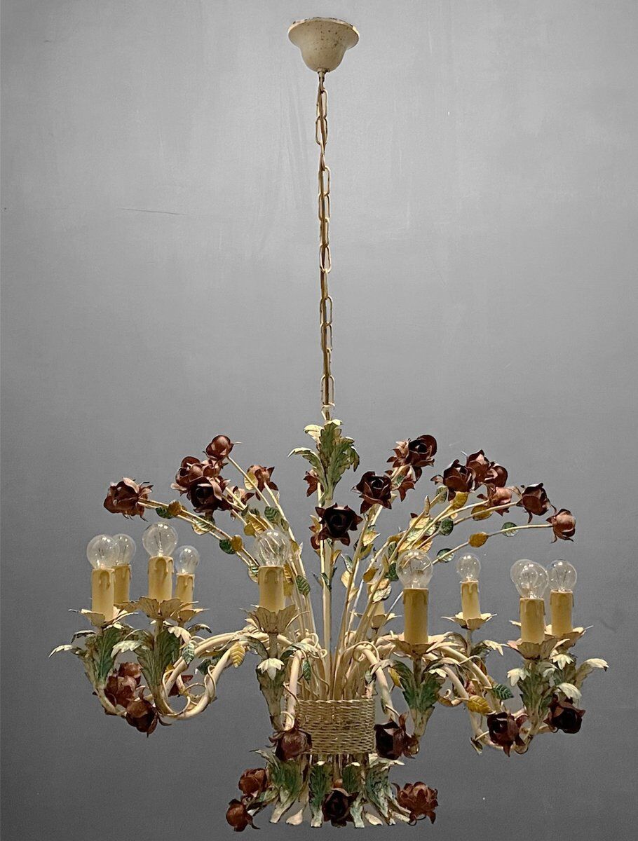 Large Vintage Italian Tole Flower Chandelier with 12 Lights