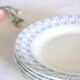 Set of 5 Digoin flat plates, blue geometric patterns, vintage French, rustic, campag