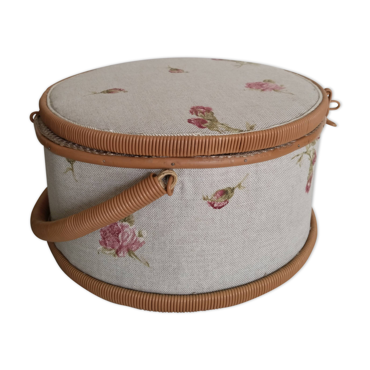 Sewing box, work box, scoubidou and fabric, beige