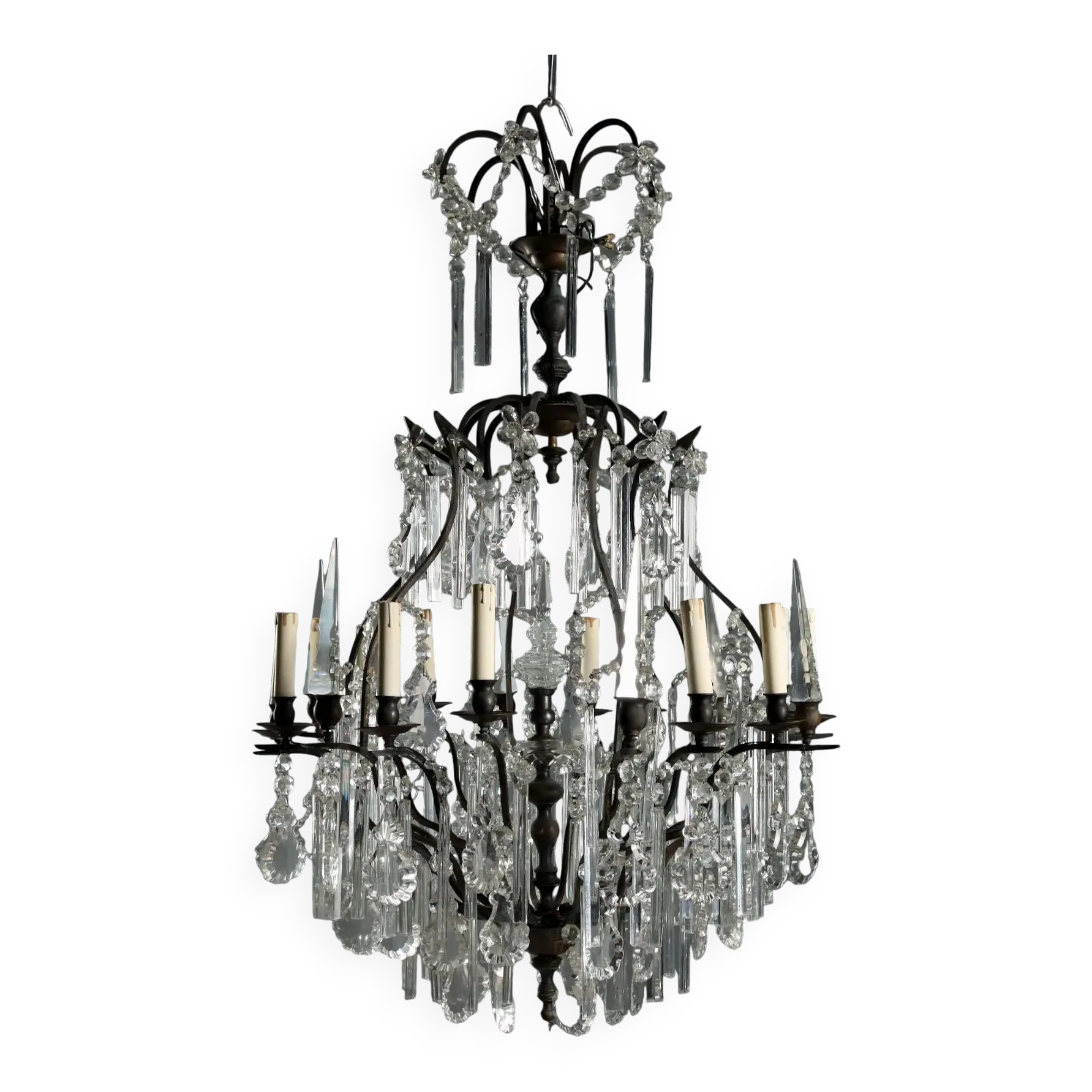 Lustre ancien en métal et verre 12 lumières Italie XXe siècle